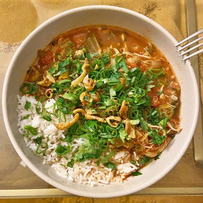 Gumbo-inspired spicy chicken stew with okra and Old Bay