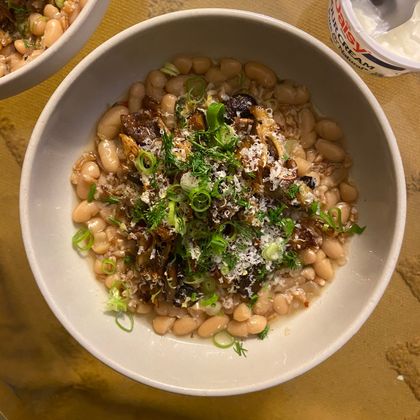 Brothy beans with crispy mushrooms and parmesean