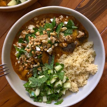 Stewed eggplant with raisins, feta, and mint
